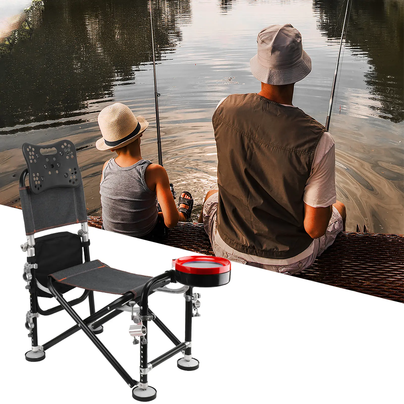Explorinox Oxford Folding Fishing Chair - 13-Gear Rise-Fall Adjustment, 21cm Adjustable Range, Backrest, Holds Up to 2 Fishing Rods, Strong Load-Bearing, Wear Resistant - Ideal Fisherman Gift for Camping, Outdoor Use