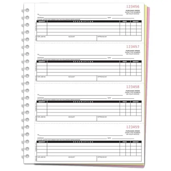 Purchase Order Books NC-124-2 – 2-Part Carbonless Duplicate Forms, White & Canary NCR Paper – 4 Purchase Orders Per Page (2.75" x 7.5") – Heavy-Duty 8.5" x 11" Coil-Bound Invoice Books for Auto Dealerships & Parts Suppliers