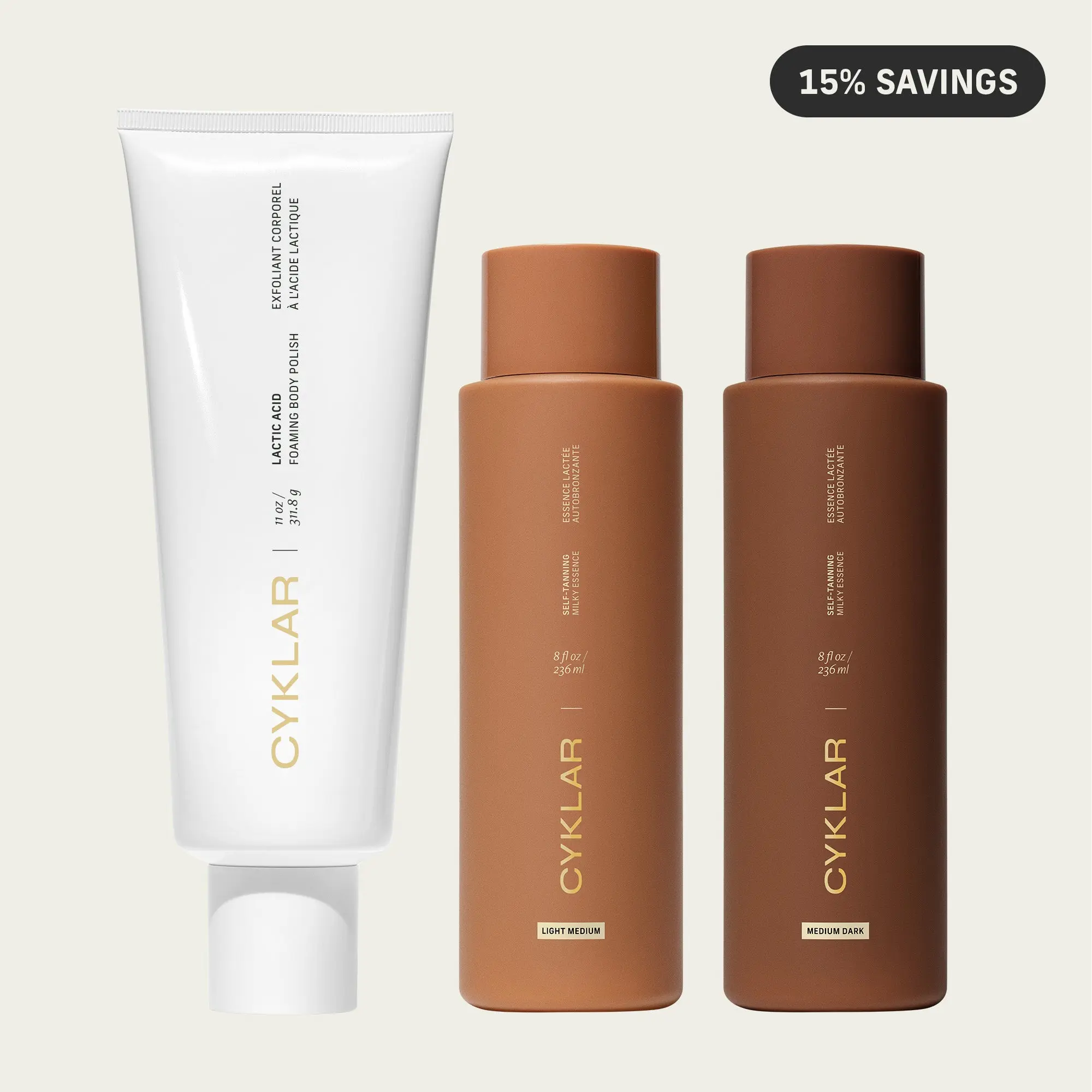 The Buildable Bronze Set – Includes Lactic Acid Body Polish and Two Shades of Self-Tanning Milky Essence