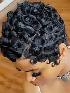 Curly Wave Wig Pixie Cut Wig for Women Halloween Wig Full Machine Made Wig 150% Density 6 Inch Human Hair Wigs