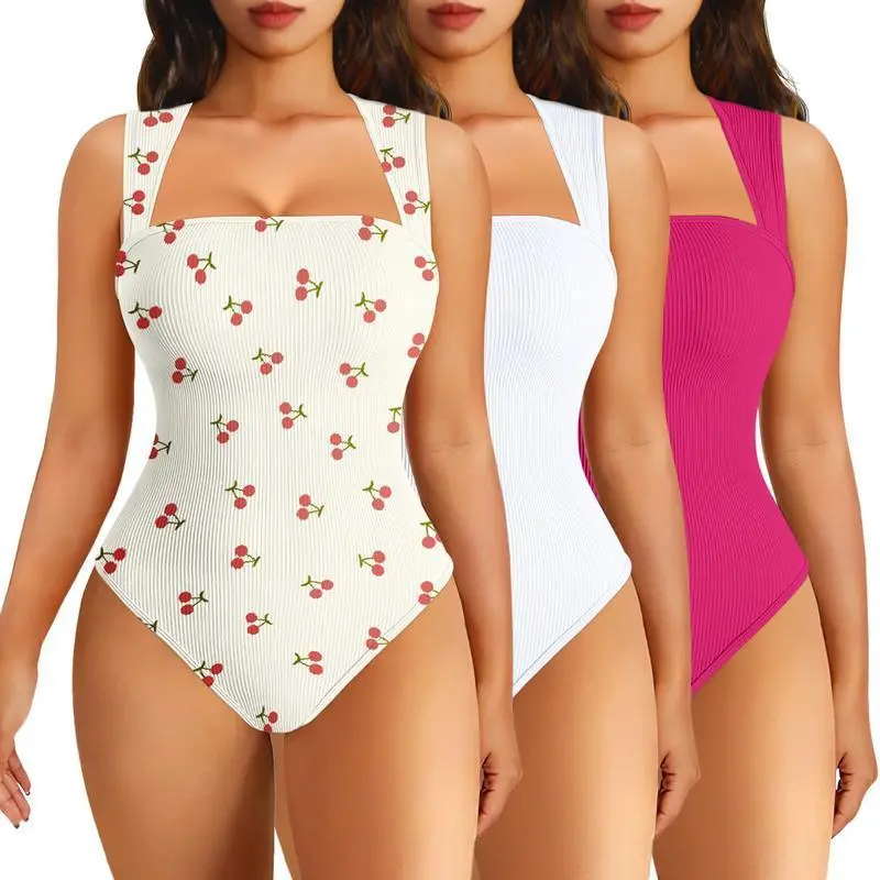 fitness Women's 3-Piece Printed Bodysuit Set Ribbed Square Neck Sleeveless Stretchy Top Nylon Spandex Casual Chic Elegant Comfortable
