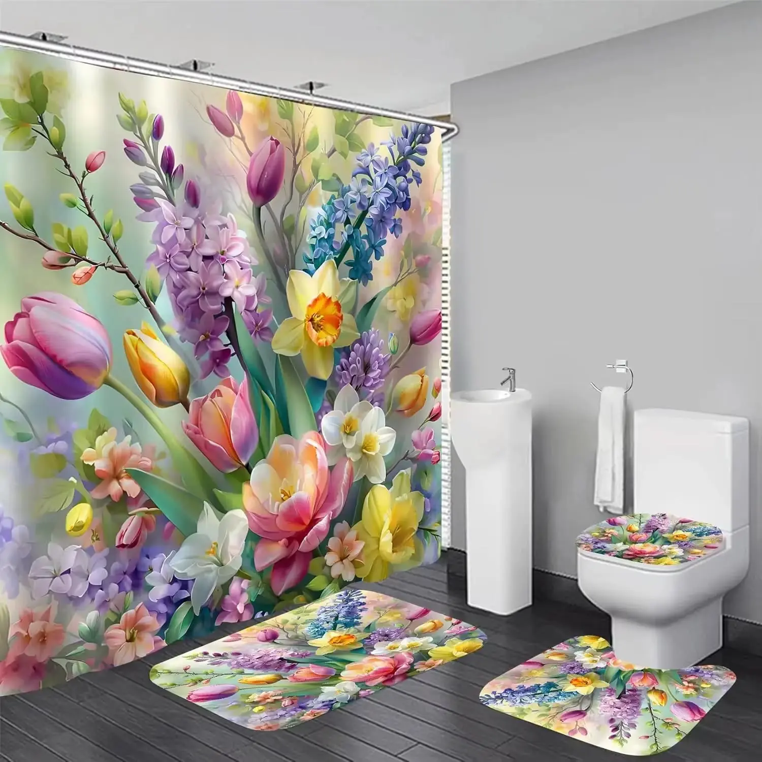 4pcs Waterproof Flowers Shower Curtain Set - Polyester U-Type Shower Curtain, Flannel Bath Mat, Toilet Seat Cover, Garden-Inspired Bathroom Supplies for Guest Rooms, Shower Curtain Sets