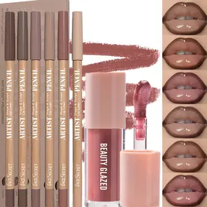 7pcs/Set Long Wear High Shine Lip Gloss Combo – Hydrating, Fresh, Lightweight & Plumping Lip Gloss with Nude-Brown Lip Liner, Non-Sticky Liquid Lipstick Collection