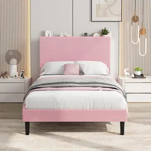 Garvee Twin Size Bed Frame with USB Charging Station, Corduroy Upholstered Platform Bed Frame with Adjustable Storage Headboard, Wooden Slats Support, No Box Spring Needed, Easy Assembly, Pink