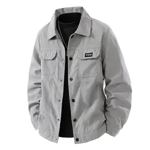 Men's Beige Workwear Jacket Fashion Button-Up with Functional Pockets & Street Style Patch in Polyester