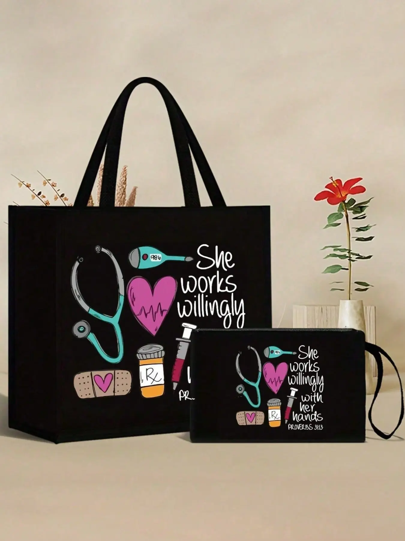 Nurse-themed tote bag and makeup bag set – casual fabric tote bag featuring stethoscope/heart/syringe/band-aid/thermometer patterns and the phrase 'She willingly works with both hands'; large-capacity makeup bag