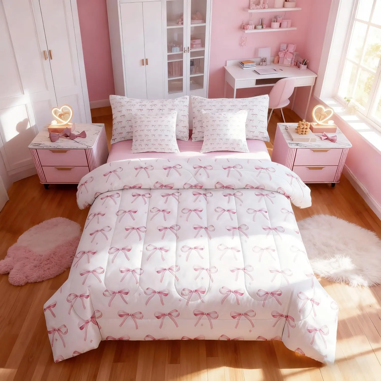 Feelyou 7-Piece Super Soft Pink Princess Bedding Set - Multi-Size, Cartoon Bowknot, Watercolor Butterfly Design, Includes Sheet, Quilt Cover, Blanket, Queen Size Option Available, Super Soft Blanket