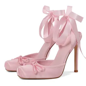 EROCALL  Satin Ballet Heels for Women Closed Square Toe Bow Ballerina Heels Lace Up High Heel Slingback Pumps Strappy Stiletto Mary Janes Elegant Party Shoes