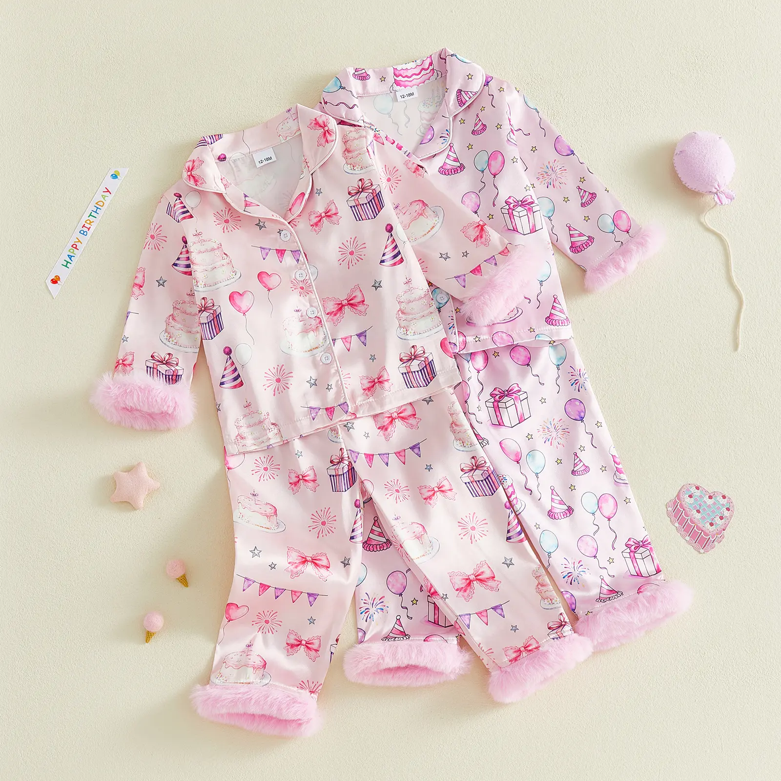Canrulo Kids Toddler Girl Birthday Pajamas Long Sleeve Fuzzy Trim Button Down Satin Silk Pjs Cake Balloon Print Shirt Pants Sleepwear 1-7 Years Birthday Girl Pjs Nightgowns
