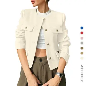 Danedvi Women’s Cropped Tweed Blazer Jacket, Collarless, Button-Front, Business-Casual Outfit with Pockets, Soft Fabric, Faux Pockets, Long-Sleeve Coat