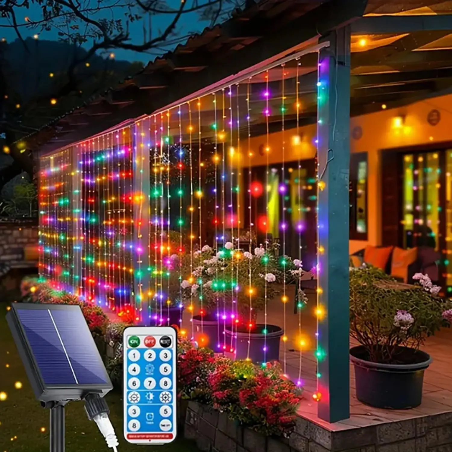 Solar Curtain Lights Outdoor Waterproof, 300LED 9.8x9.8FT Fairy String Lights with USB-C & Solar Charging, Remote Timer Twinkle Waterfall Lights for Patio Garden Wedding Decor