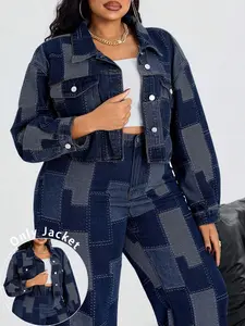 Women's Plus Size Colorblock Denim Jacket, Coats, Casual Style Outerwear, Casual Fashion Outerwear, Comfortable and Stylish, Perfect for Everyday Wear