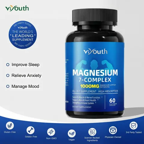 Viyouth 1000mg 10-in-1 Natural Magnesium Complex Dietary Supplement Capsules - 60 Count, 100g Bottle, 36-Month Shelf Life, Glycinate-Malate-Citrate Blend for Healthcare, Calmness, Edible Supplement Routine Support, Relaxation, Bone Density