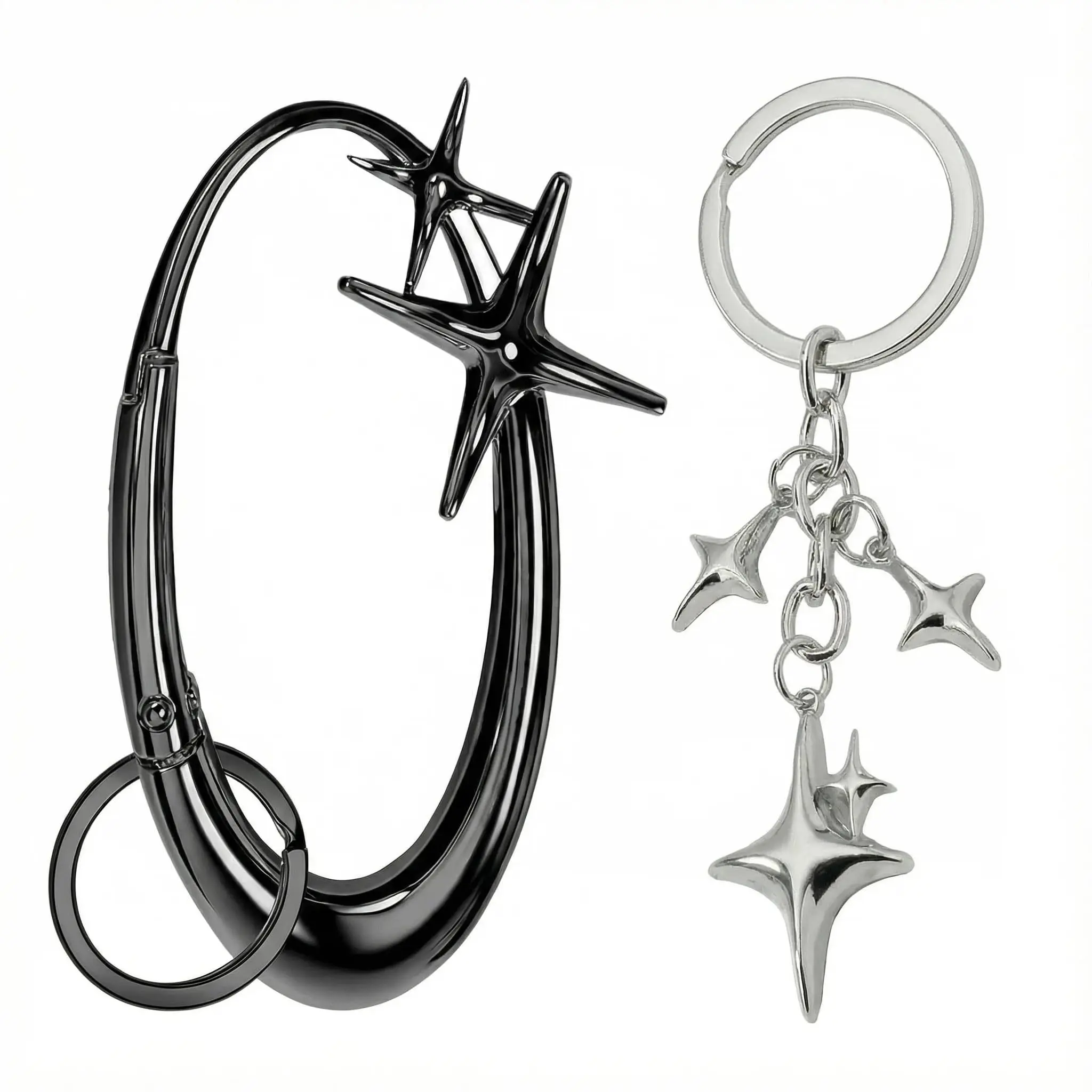 "The Starlight Aesthetic" — Viral Y2K Star Keychain Set | Chrome Star Carabiner & Star Dangle Bag Charm | Minimalist Cool Girl Accessory for Car Keys & Bags | Retro Fashion Essential | Silver & Black Tag trending