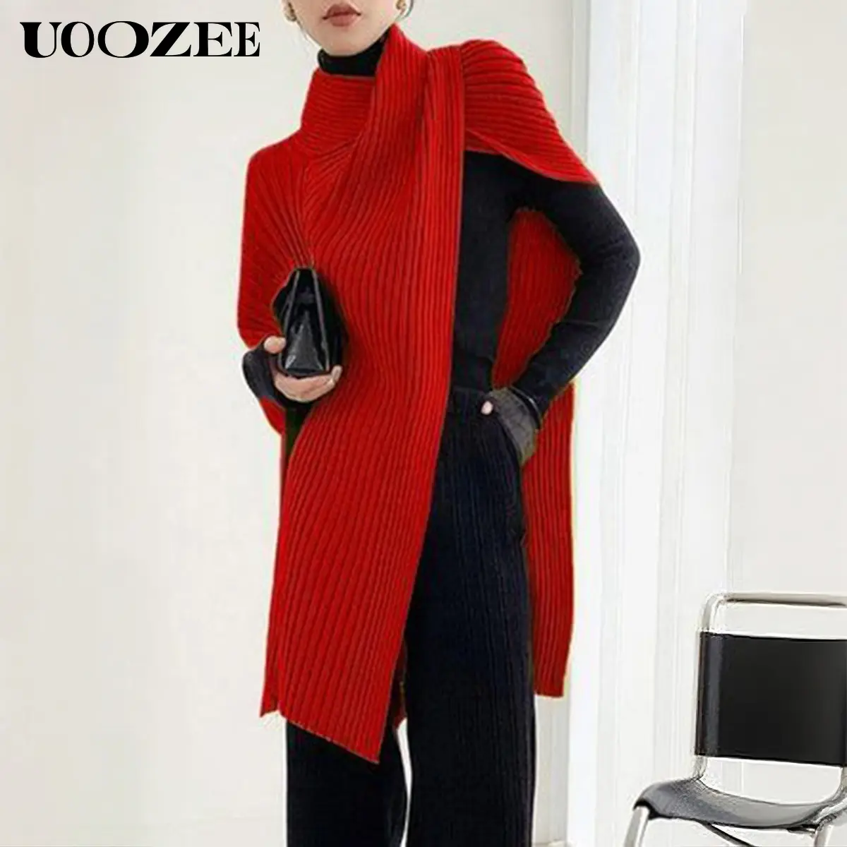 UOOZEE Women's High Neck Sweater, Elegant Asymmetric Design with Draped Hem, Oversize Plus Size Nylon Blend for Work & Halloween Outfits, Knitwear, Baggy, Casual, Oversized, Tops, Thanksgiving, Long Length, Turtleneck, Solid Plain, Asymmetrical, Foldable