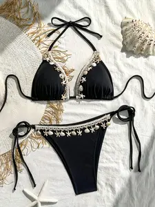 Women's Shell Beach Striped Print Bikini Set, High Stretch Fabric, Includes Triangle Top and Side Tie Swim Pants, High Cut Bikini, Summer Swimsuit Set