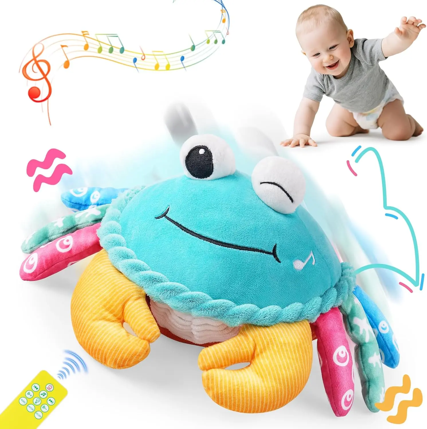 Summer Spring Gift Baby Toys 12-18 Months, Musical Crawling Crab with Remote Control - Moving, Bouncing & Talking Plush Toy for Toddlers, Rechargeable Sensory Tummy Time Toy,
