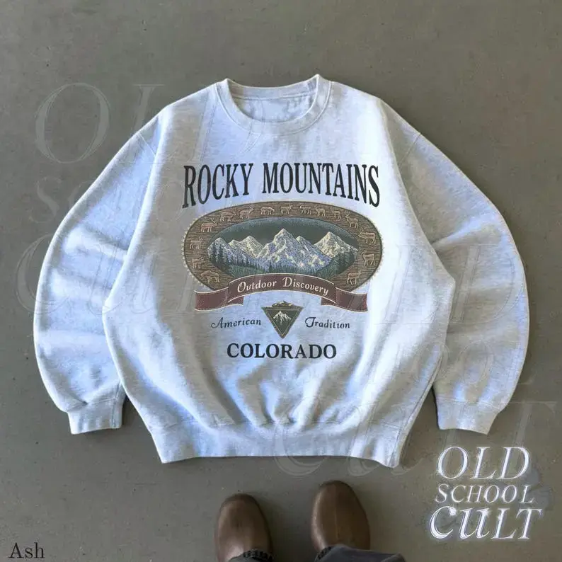 (Sale Off Up To 50%) Retro Rocky Mountains Sweatshirt, Vintage 90s Colorado Graphic Crewneck, Mountain Pullover Gift, Nostalgia Hiking Gift, Full Color, For Men, For Women, Casual, Classic Fashion, Tee Print
