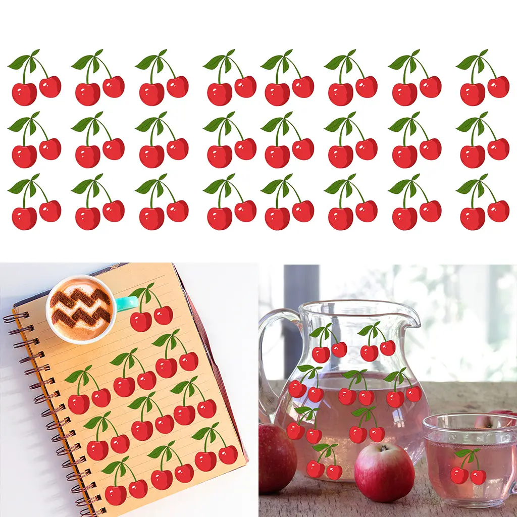 3 Sets of UV DTF Crystal Decal Stickers for 16oz Glass Tumblers and Water Bottles Adorable red cherry design, cute aesthetic stickers perfect for women, girls, parties, and cup accessories Self-adhesive matte cherry decals with sparkling crystals