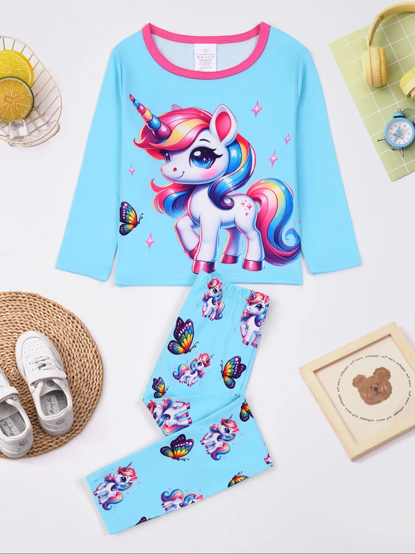Teen Unicorn Pattern Long Sleeve Fitted Pajama Set, Pajama Outfit, Soft Comfortable Fall Winter Design, Perfect for Daily Wear, Loungewear and Relaxing Homewear