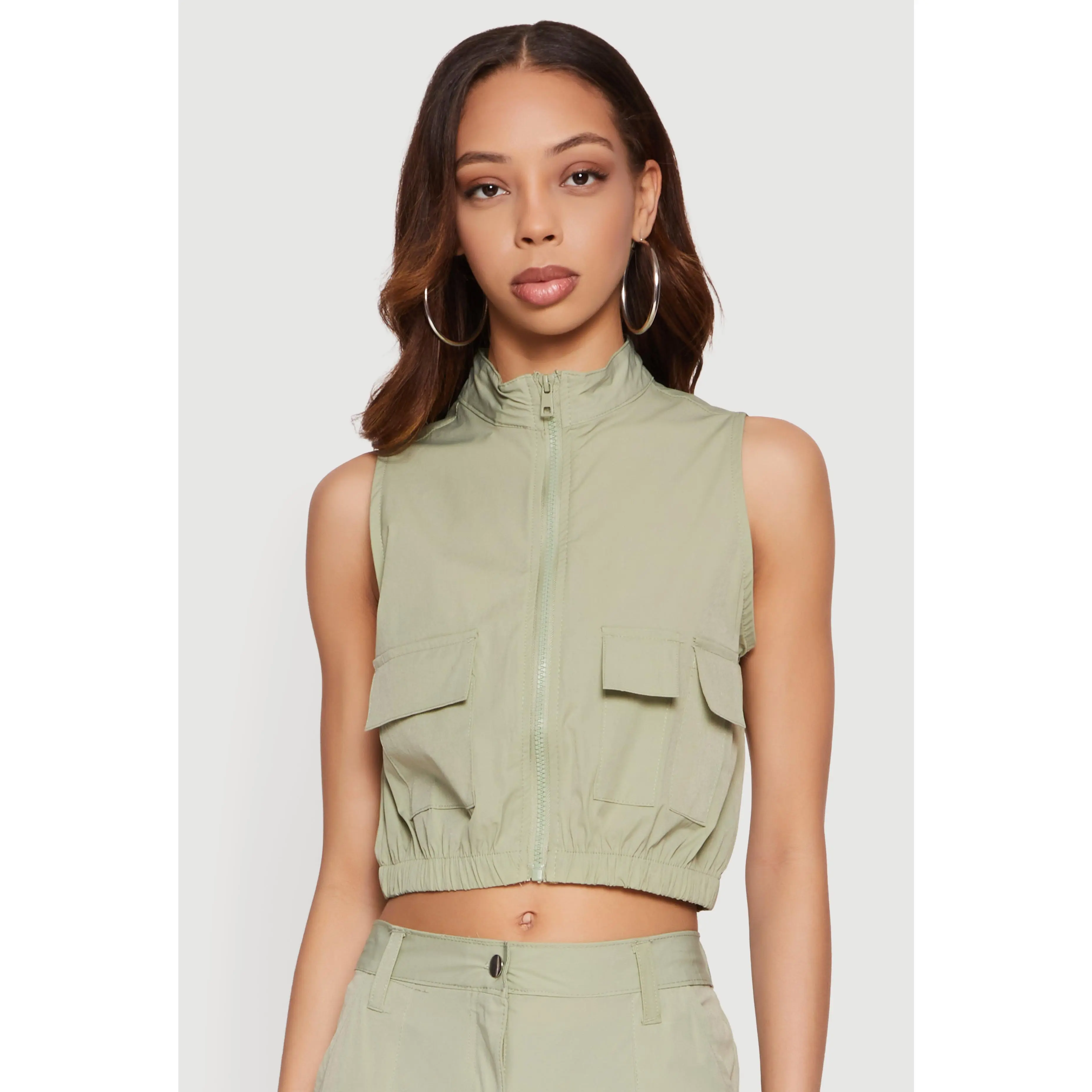 Nylon Cropped Zip Front Windbreaker Vest