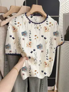 1 piece + French retro loose crew neck Ribbed Round neck elegant short-sleeve contrast trim beige women's knitted top with colorful floral prints, spring and summer top, summer casual women's wear, white top, casual top, knitted, Knitwear, Womenswear