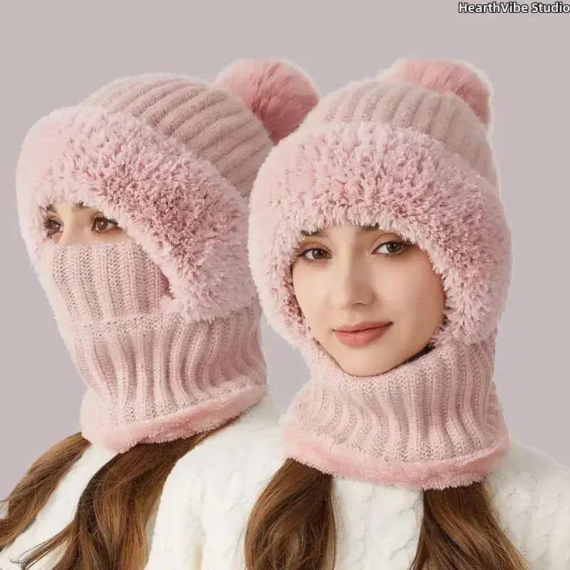 Women's 3-in-1 Fleece-Lined Knit Balaclava Hat, Windproof Thermal Hood with Face Cover and Neck Warmer, Soft Insulated Winter Headwear for Skiing, Cycling, Snowboarding, Hiking, Outdoor Travel, Daily Wear, Christmas Gifts and Cold Weather Accessories
