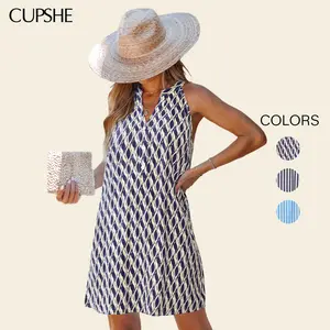 CUPSHE Women's Striped Strap-Free Casual Dress - Round Neck, Sleeveless, Woven Split Hem Mini Sundress, Casual Breathable Outfits, Beach Swimsuit Cover-Up #DealsForYouDays, Strap-Free Casual Dresses
