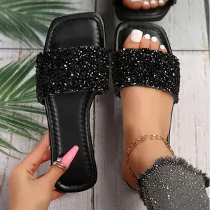 Chic Rhinestone Women's Slippers - Square Open Toe Flat Bottom Sandals for Casual & Outdoor Wear - Perfect for Summer Beach Days Girl Black Comfort Footwear platform sandals