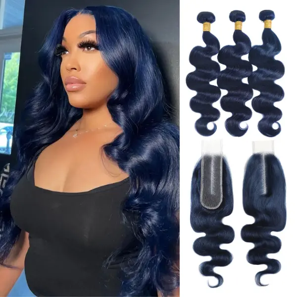 ALHER Body Wave 2x6/4x4 HD Closure With 3 Bundles Dark Blue Color Human Hair 12A 100% Brazilian Hair Bundles With 2 by 6 Long Deep Middle Part Closure And Free Part Pre plucked Small Knots 150% Density for Black Women