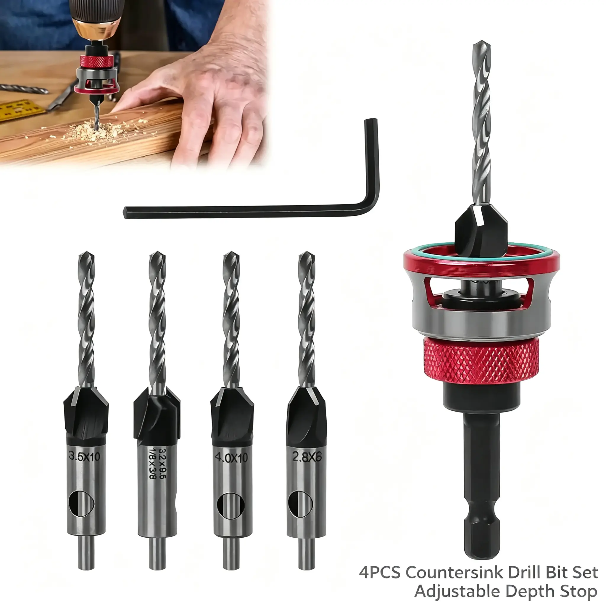 4PCS Countersink Drill Bit Set, 4-Blade High Carbon Steel with Adjustable Depth Stop & L-Shape Wrench, Precision Drilling Power Tool Accessories for Wood & Plastic