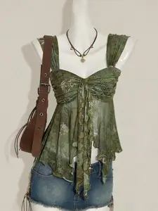 ARTYOTI Retro Pattern Asymmetrical Hem Mesh Trim Tank Top Grunge Trend