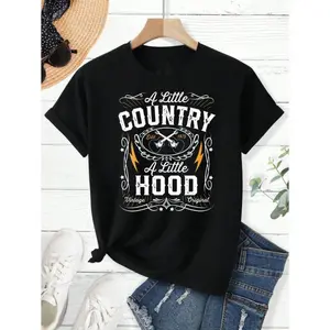 Women's 100% Cotton Round Neck Short-Sleeve Streetwear T-Shirt - Unisex, "A Little Country A Little Hood" Hip Hop Rap Music Style, Soft Fabric Casual Top, Spring Statement Piece Gift,summervibes