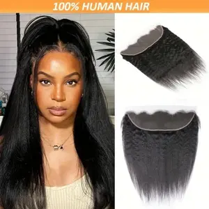 Yaki Straight Frontal Closure 13x4, Human Hair Natural Black, Transparent HD Lace Ear to Ear for Women	
