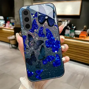 Blue butterfly dream  2D pattern Black Frame Glass Protective Phone Case suitable for Samsung Galaxy A36 A12 A13 A14 A15 A16 A23 A24 A25 A26 A32 A33 A34 A35 4G 5G new model Individual Design,Unique Phone Case，ideal holiday gift