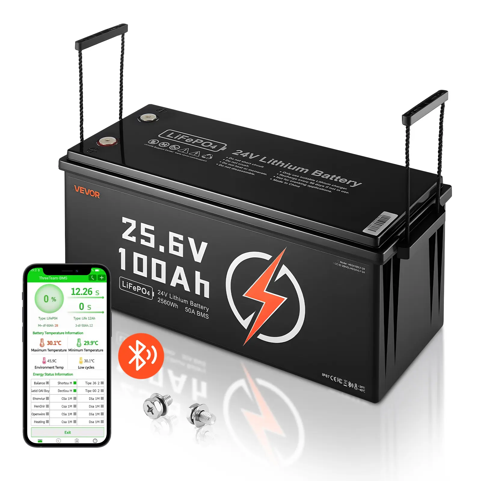 VEVOR 24V Expandable LiFePO4 Lithium Battery Pack (100Ah/200Ah), Bluetooth-Enabled Deep Cycle Rechargeable with 50A BMS, Low Temp Safe Protection, 4000+ Cycles, 2560Wh for RV Users, Golf Carts (Father's Day Gift)
