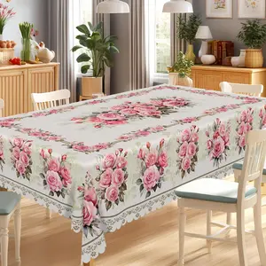 1 Vintage Floral Farmhouse Style Tablecloth | Pink Roses and Lace Design, Polyester, Machine Made, Suitable for Mother'S Day, Weddings, Spring and Summer Dining Decor, Indoor and Outdoor Use, Essential for Picnics and Parties