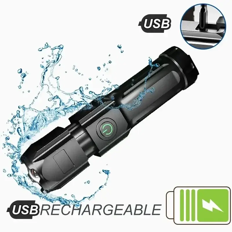 Zoomable Tactical LED Flashlight, Compact High Performance Waterproof Torch with SOS, USB Rechargeable for Outdoor Camping and Emergencies, High Performance Flashlight, Zoomable Tactical Flashlight