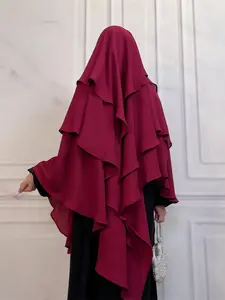 Women's Solid Ruffle Trim Tiered Layer Chiffon Hijab, Modest Fashionable Instant Hijab for Daily Wear, For Muslim, Women's Islamic Clothing for Summer