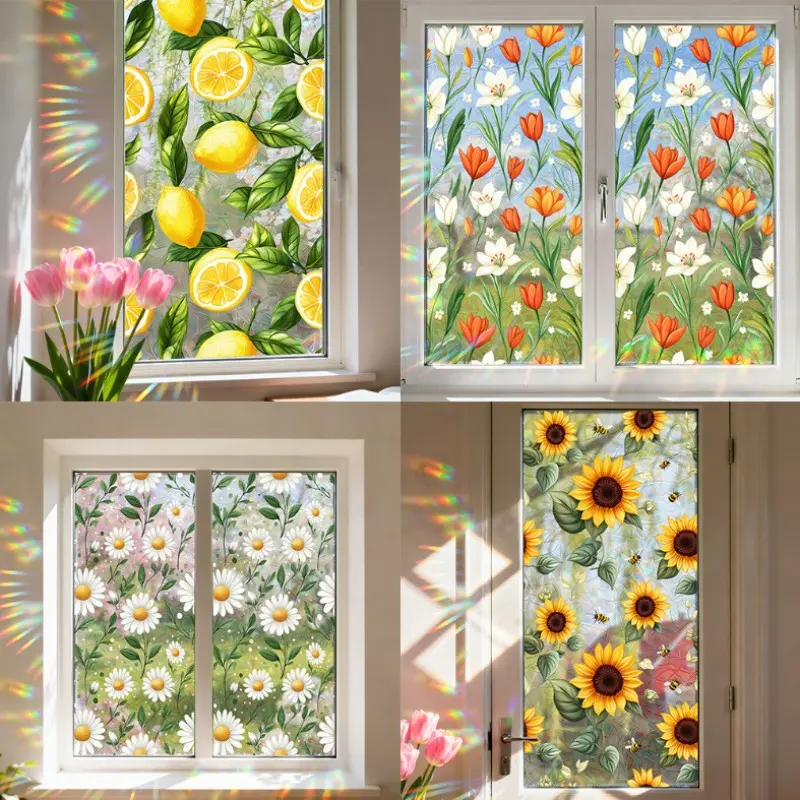 Spring Sunlight Rainbow Decorative Window Stickers, 4 Designs Including Lemon Lily Daisy Sunflower, Privacy Shield, Home Decor, Room Decoration, Flower Window Clings