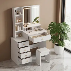 Vanity Table with LED Mirror – Vanity Set with 3-Color Adjustable Lighting, 5 Drawers, and Open Shelves – Bedroom Vanity, White