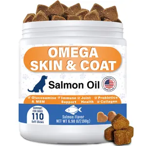 Dog Omega Salmon Oil Chews Itchy Skin & Shedding Relief, Shiny Coat & Hip Joint natural pet Supplement with Probiotics-（110ct）