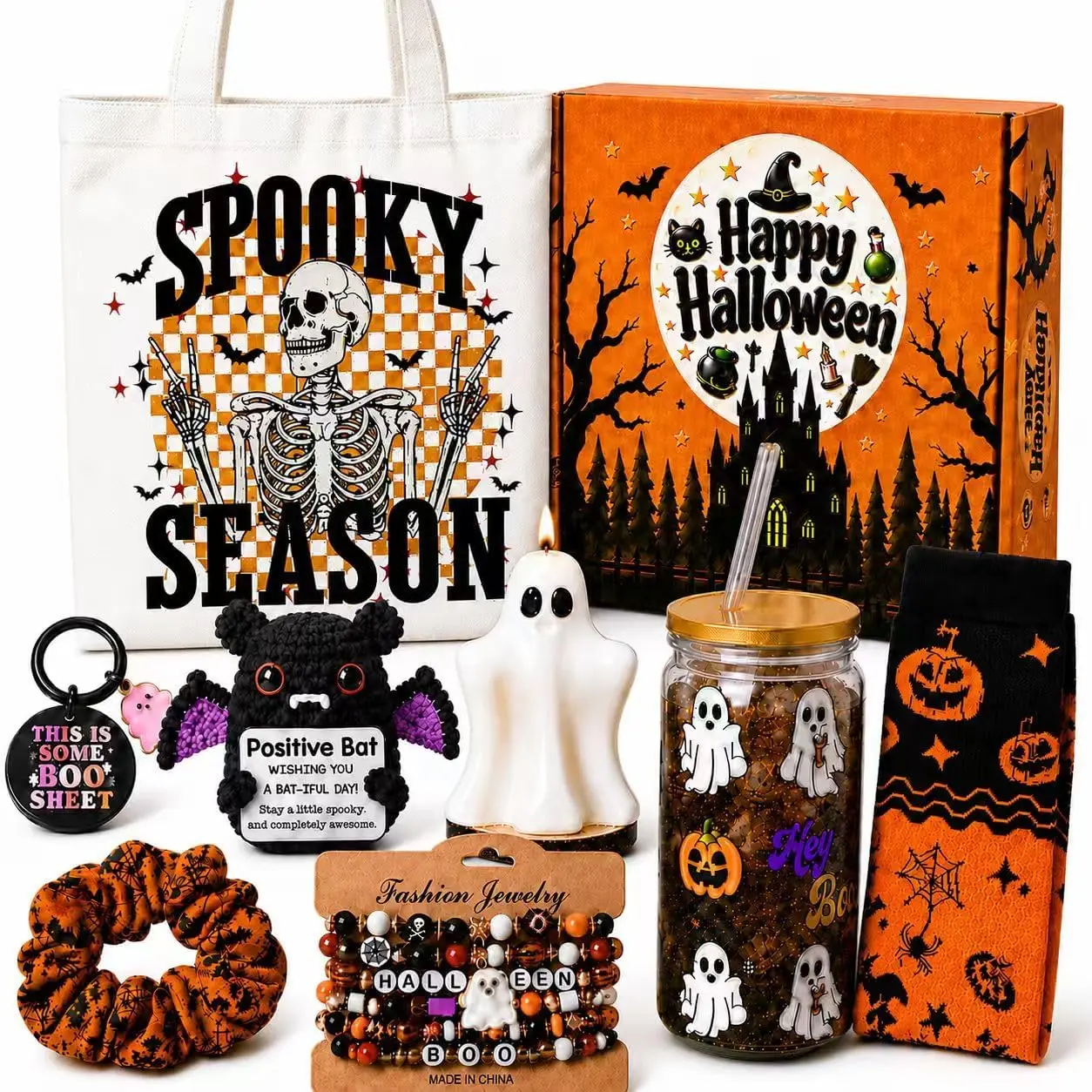 Halloween Fall Gift Boo Basket for Women & Teen Girls, 13-Piece Gift Set with Glass Cup, Candle & Cozy Socks, Cute Halloween Gifts for Her, Sister, Friends & Teens
