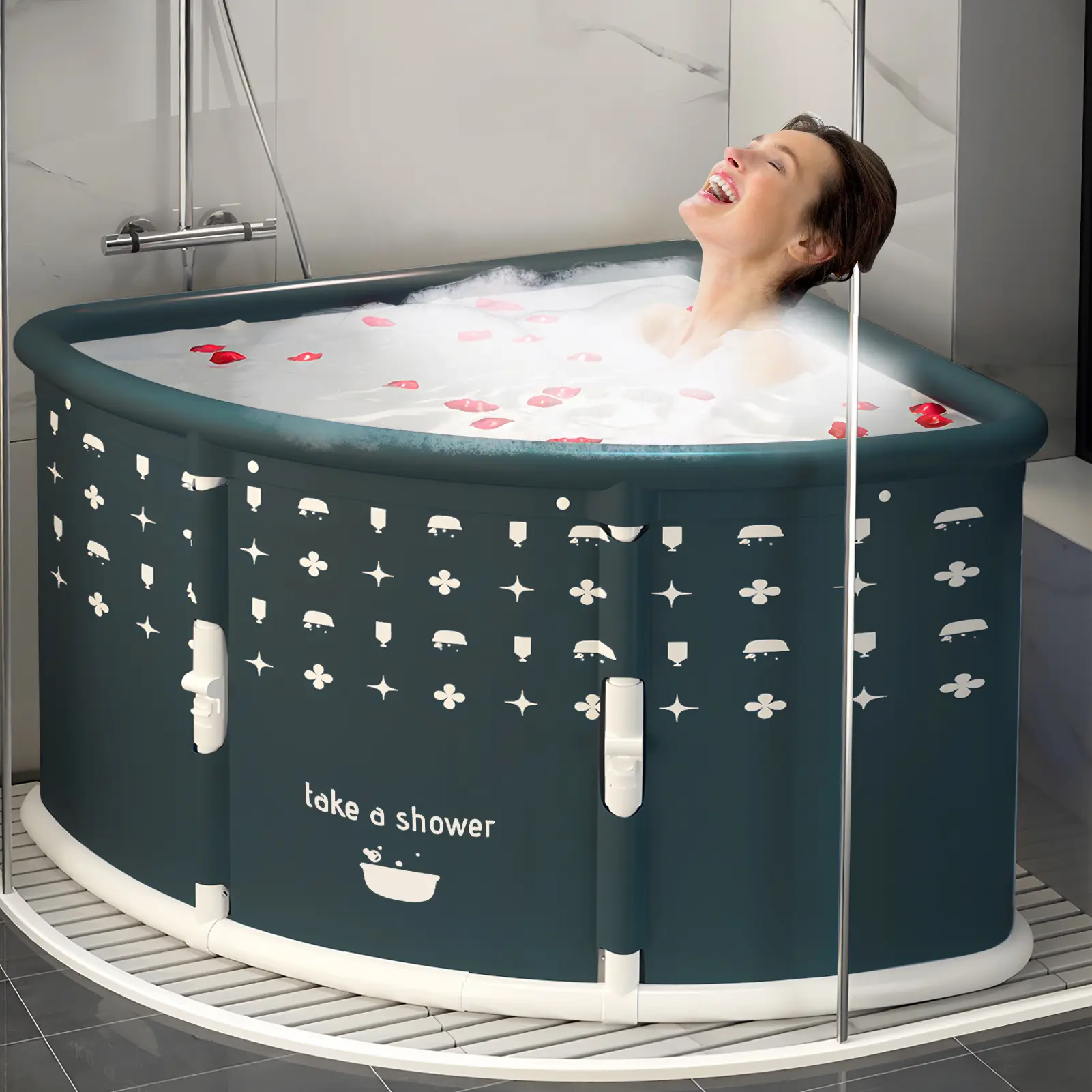 Fan-shaped Foldable Bathtub, Portable Bathtub for Adult, Large Collapsible Tub, Freestanding Surround Collapsible Tub, Effortless Folding Corner Bathtub