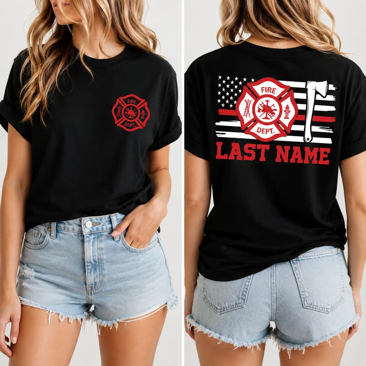 Firefighter Shirt and Hoodie, Last Name Fire Dept Apparel, Firefighter Wife Gift, First Responder Gift
