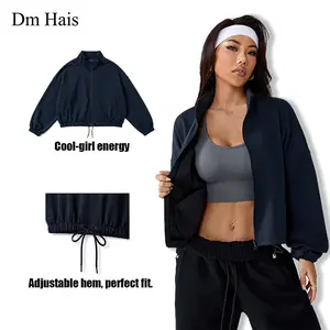 Women's Cropped Zip Up Jacket with Adjustable Drawstring Hem Lightweight Outerwear Trendy Streetwear Coats Casual Womenswear Tops Fashion Style Everyday Sporty Fit Basic Black Fitted Pants Piece Long Sleeve Minimalist Fabric