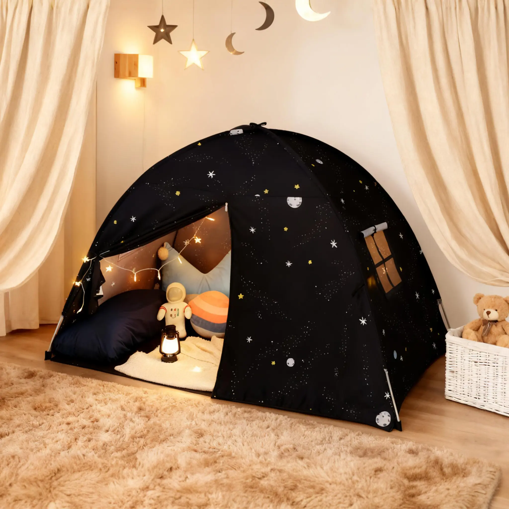 Large Kids Unisex Teepee Tent - Indoor Toddler Play Tent, Canopy Bed, Sports & House Decoration with Star Lights, Ideal Playroom Gift, Relaxation