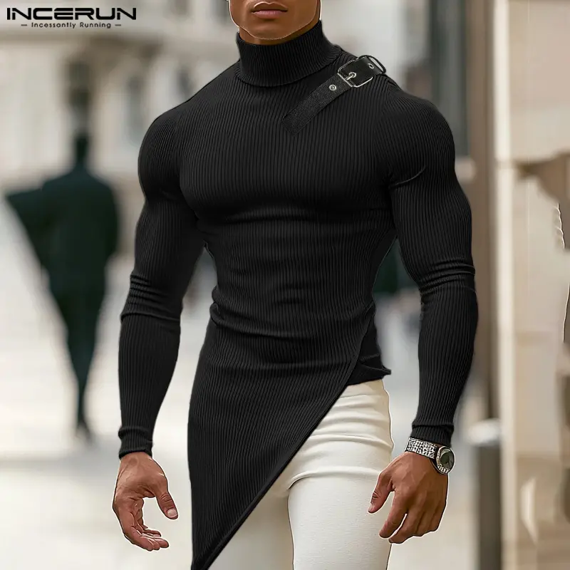 INCERUN Men's Simple Turtleneck Pullover Knitwear - Solid Long-Sleeve Textured Polyester Fabric Top, Core Casual Menswear Top