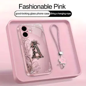Crown Floral Art 26 letter Phone Case, Suitable for [iPhone 16 Plus] high-end women's, Lanyard a beautiful four-leaf clover lanyard is included🍀 952
