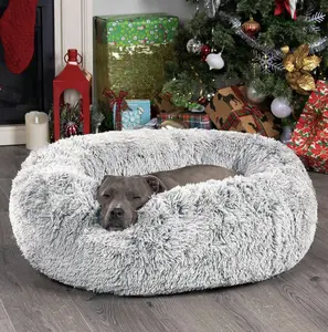 Calming Dog & Cat Bed, Anti-AnxietyDonut non-slip base Cuddler Warming Cozy fluffy Soft Round Bed, Fluffy FauxFur Plush Cushion Bed for Small Dogs and Cats